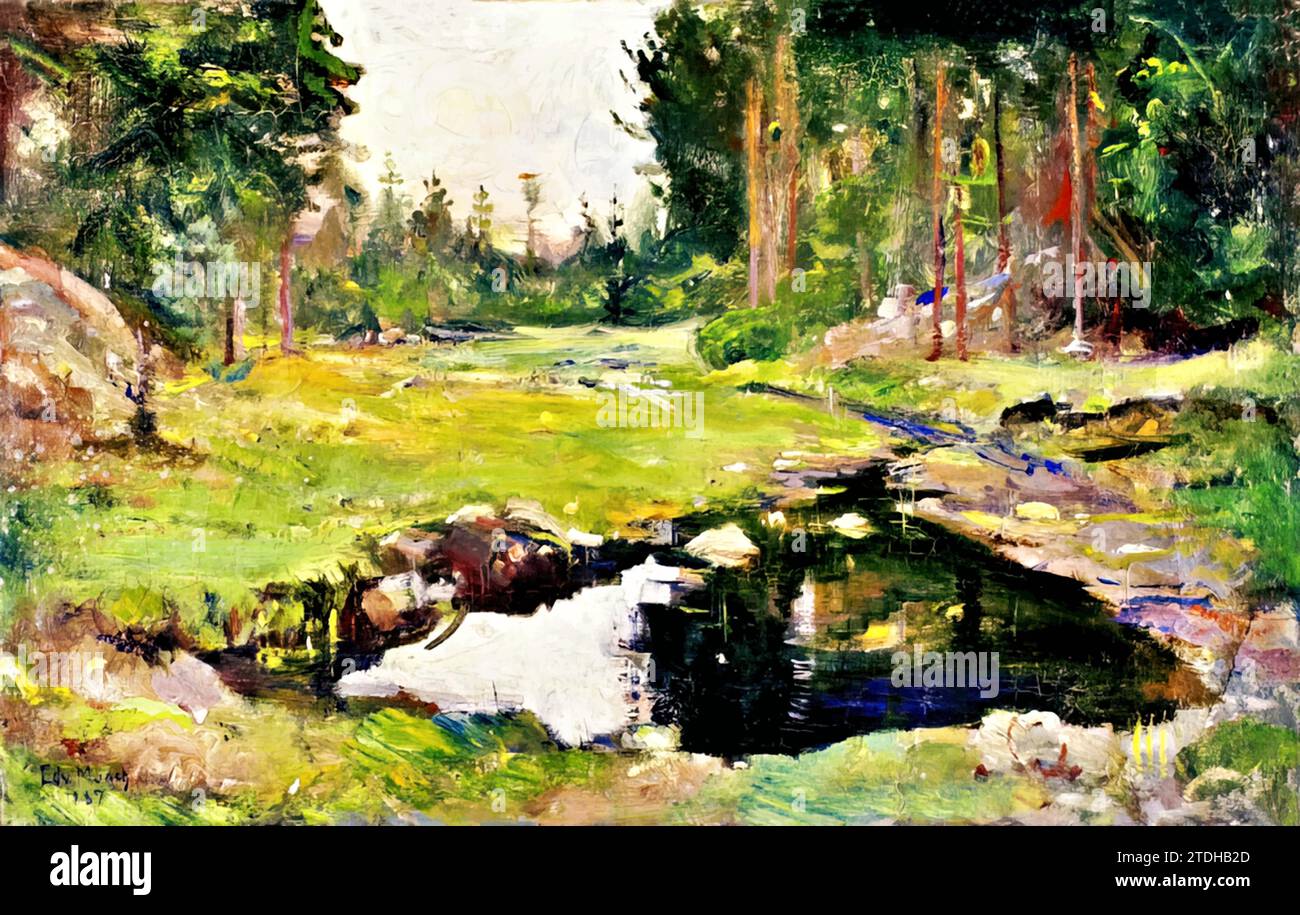 Paysage forestier avec petit lac, 1887 (peinture) par l'artiste Munch, Edvard (1863-1944) / Norvégien. Illustration de Vecteur