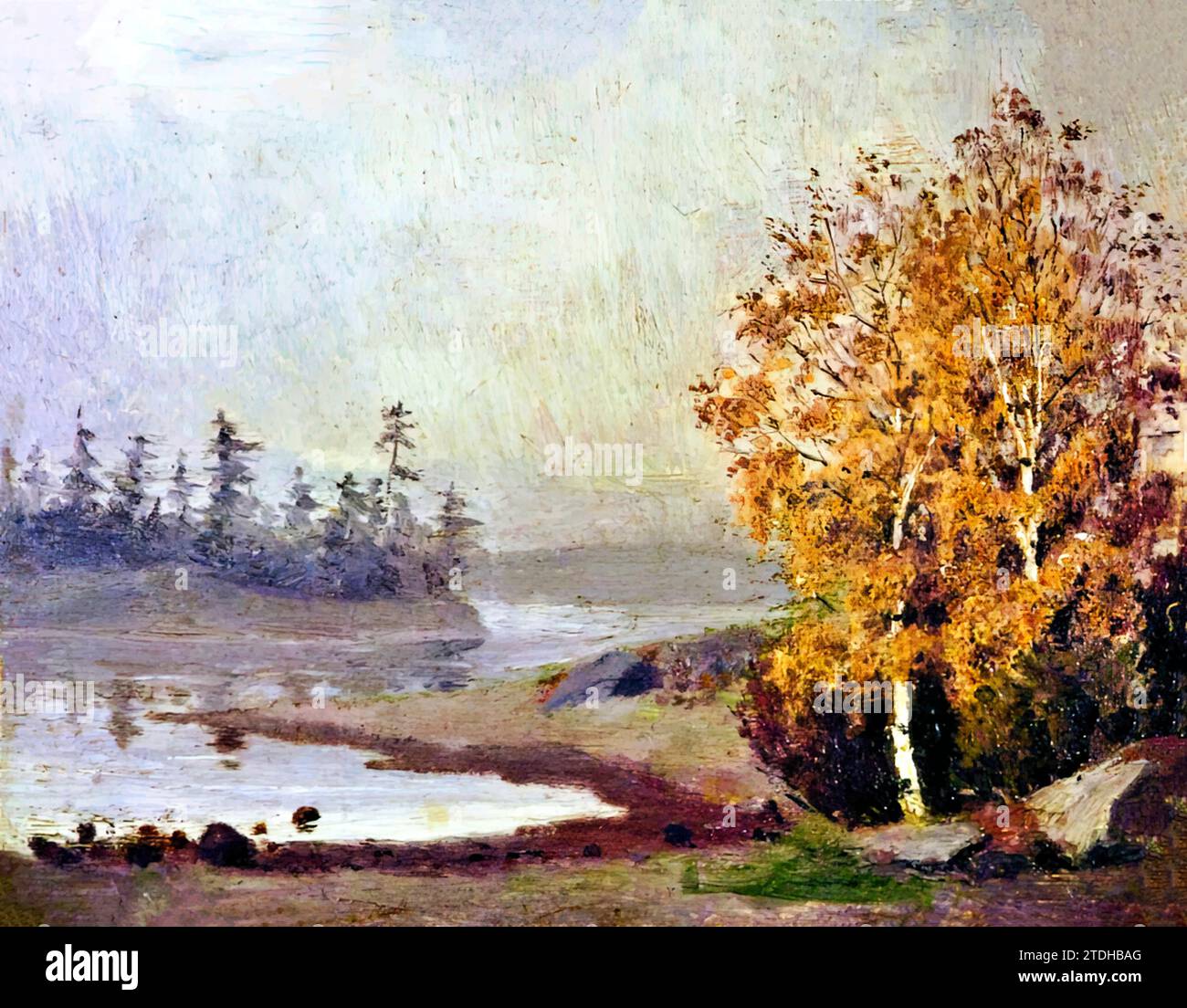 Paysage avec arbres et eau, 1880 (peinture) par l'artiste Munch, Edvard (1863-1944) / norvégien. Illustration de Vecteur