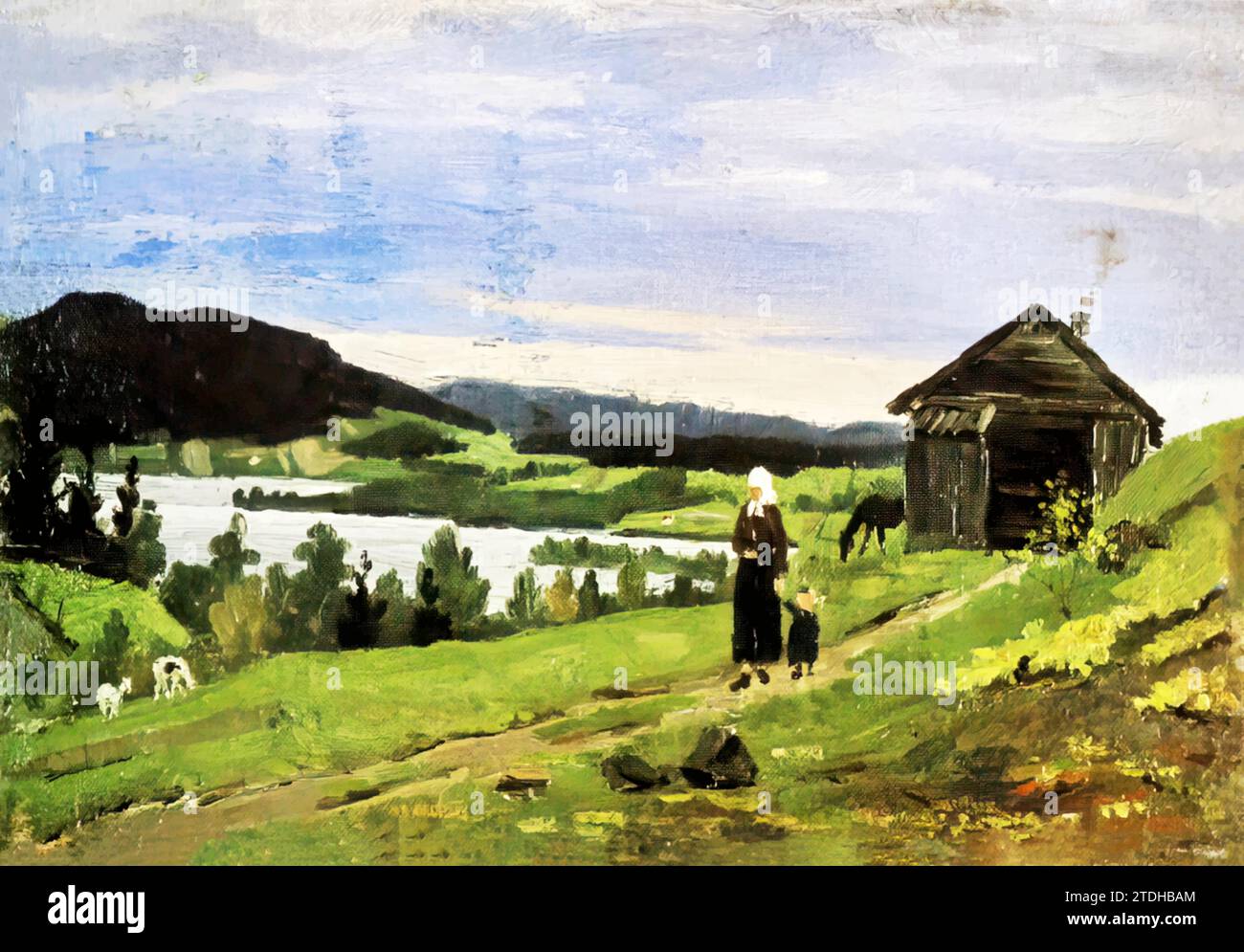 Paysage avec femme et enfant, 1881 (peinture) par l'artiste Munch, Edvard (1863-1944) / norvégien. Illustration de Vecteur