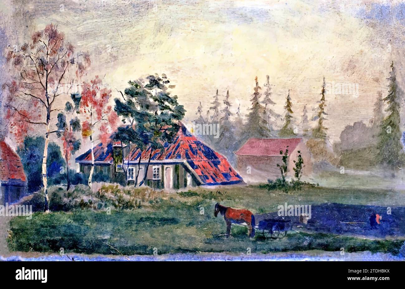 Cheval et wagon devant les bâtiments de la ferme, 1880 (peinture) par l'artiste Munch, Edvard (1863-1944) / norvégien. Illustration de Vecteur