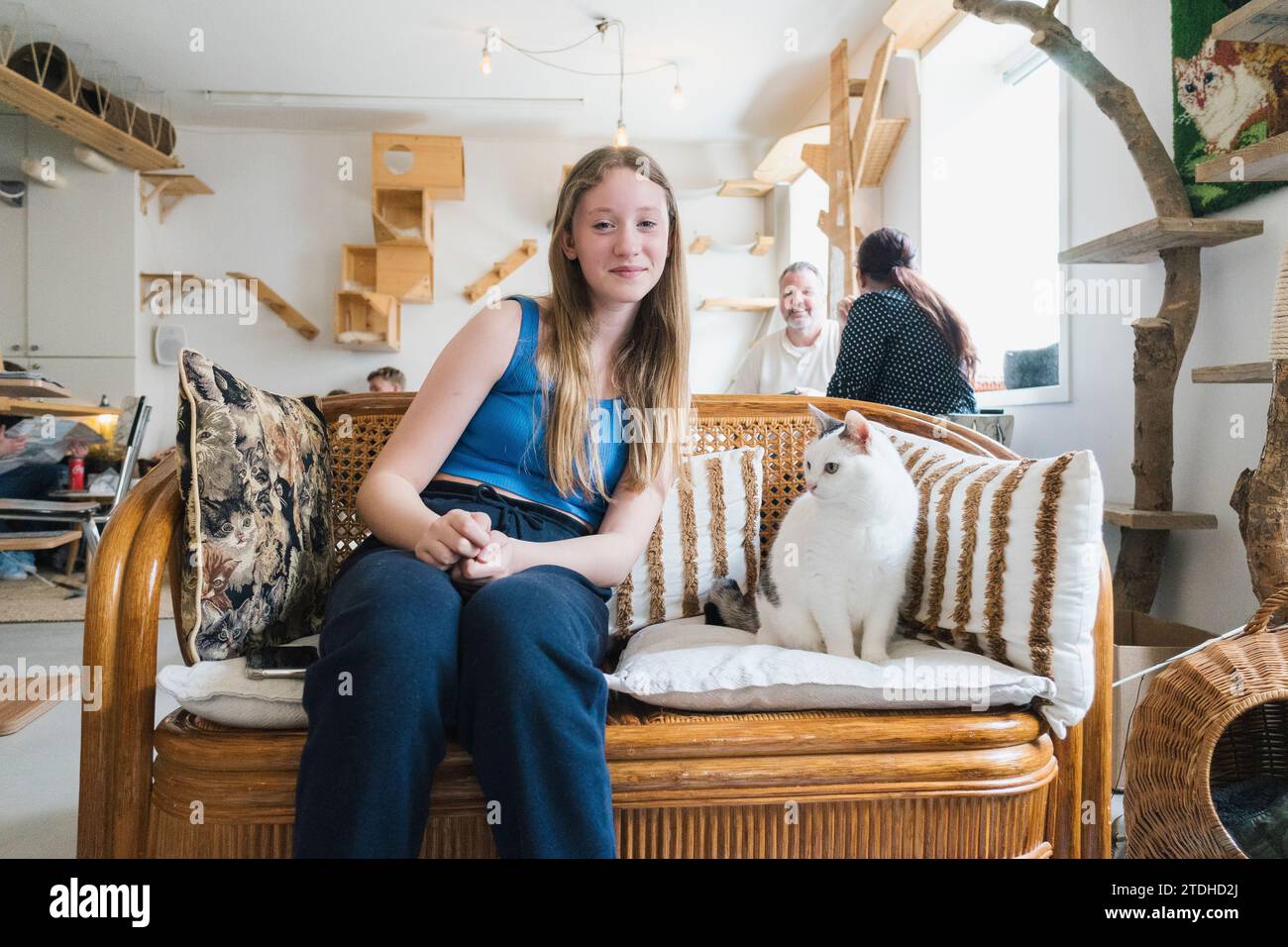 Une famille profiter de leur temps dans un café de chat inhabituel entouré de chats. Banque D'Images