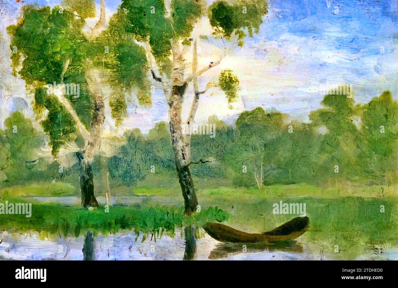 Petit lac avec bateau, 1880 (peinture) par l'artiste Munch, Edvard (1863-1944) / norvégien. Illustration de Vecteur