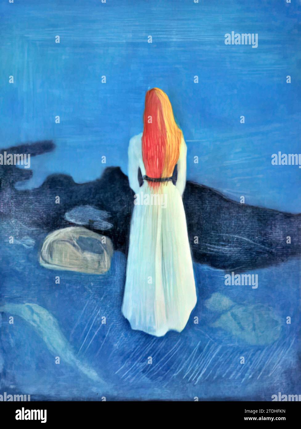 Jeune fille sur une jetée (gravure colorée et aquatinte grattée), 1909 (peinture) par l'artiste Munch, Edvard (1863-1944) / Norvégien. Illustration de Vecteur