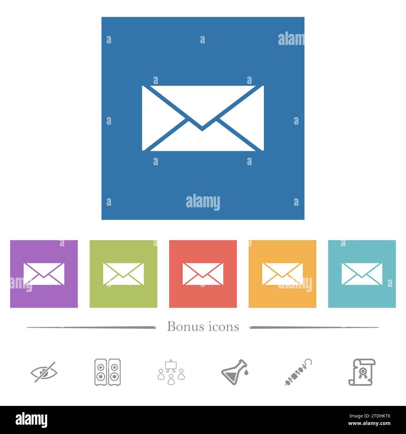 Icônes blanches plates unies d'enveloppe dans des fonds carrés. 6 icônes bonus incluses. Illustration de Vecteur