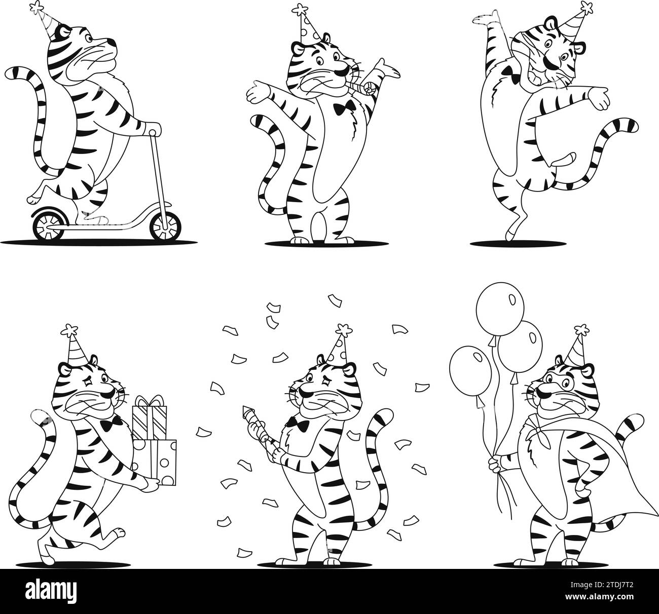 Coloriage. Ensemble de tigres d'anniversaire de dessin animé drôle Illustration de Vecteur
