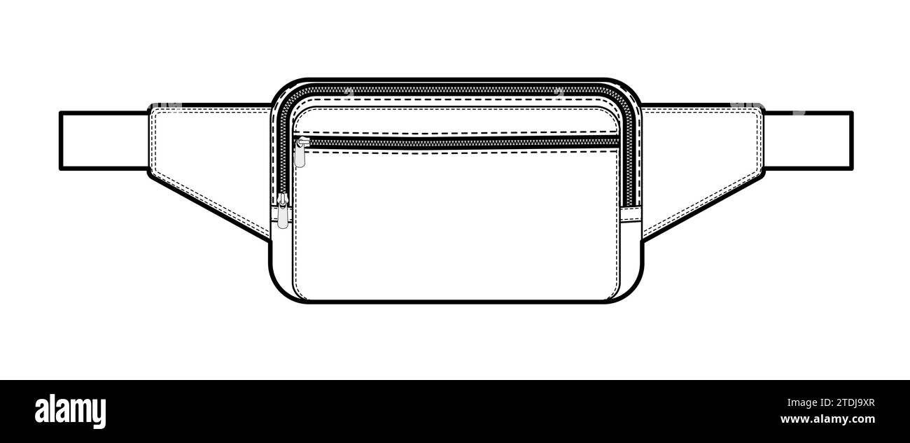 Silhouette de sac de ceinture. Illustration technique accessoire de mode. Vector satchel vue avant 3-4 pour hommes, femmes, style unisexe, sac à main plat maquette CAD esquisse contour isolé Illustration de Vecteur