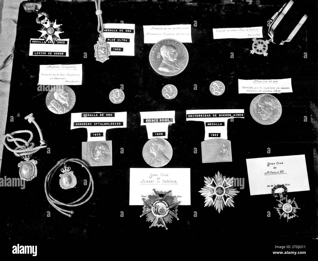 12/31/1959. Plusieurs décorations et distinctions obtenues par Ramón y Cajal tout au long de sa carrière. Crédit : Album / Archivo ABC / Juan Gyenes Banque D'Images
