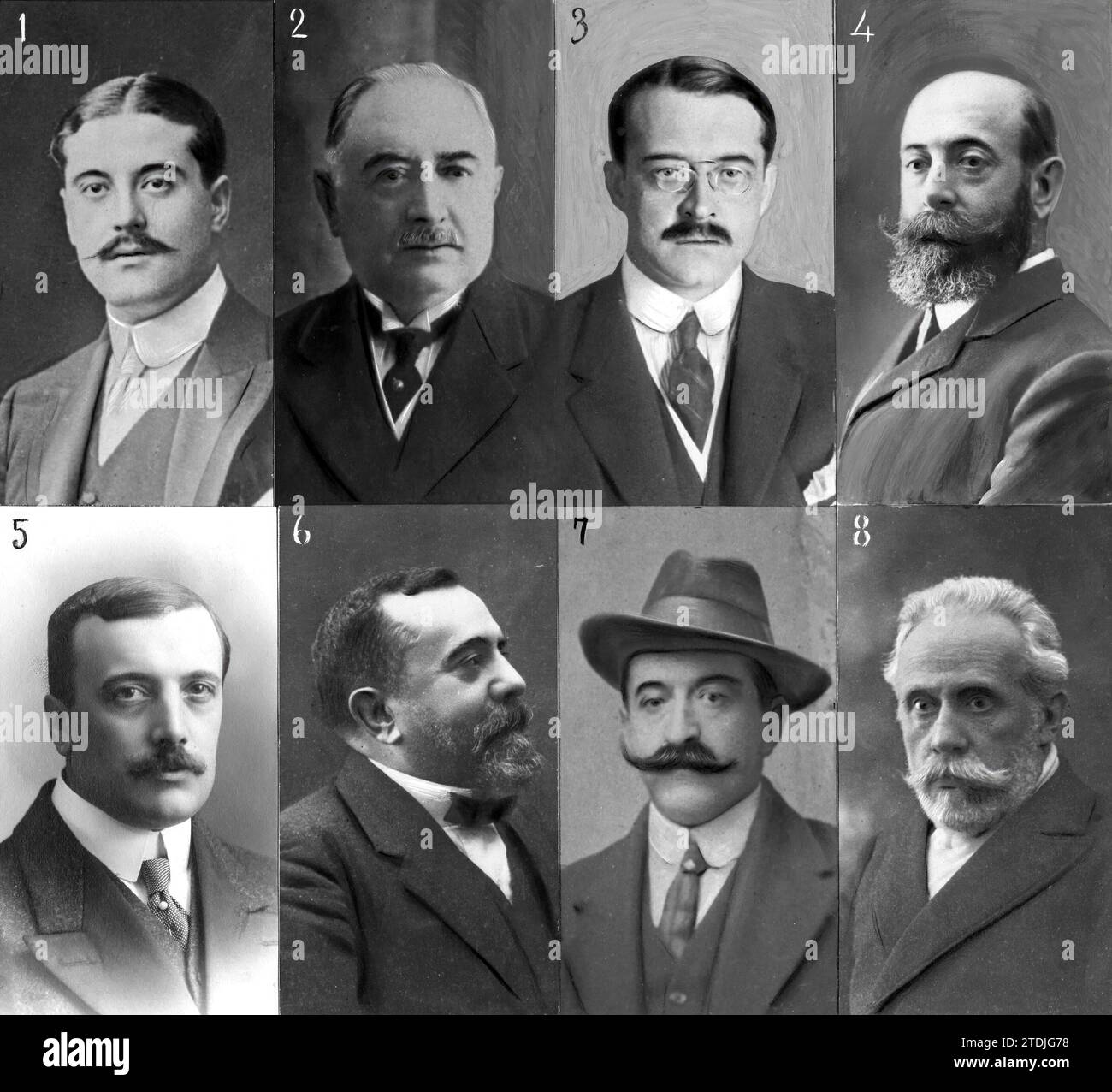 03/31/1916. Les députés à Cortes pour Madrid. 1. -Comte de Santa Engracia. 2. - M. Antonio Alesanco. 3. -D. Juan José Conde y Duque. 4. -Don Francisco Setuain. 5 D. Andrés Aragón. 6. - M. Roberto Castrovido. 7. -D. Miguel Morayta. 8. -D. Pablo Iglesias. Crédit : Album / Archivo ABC / Alfonso,Christian Franzen,Kaulak Banque D'Images