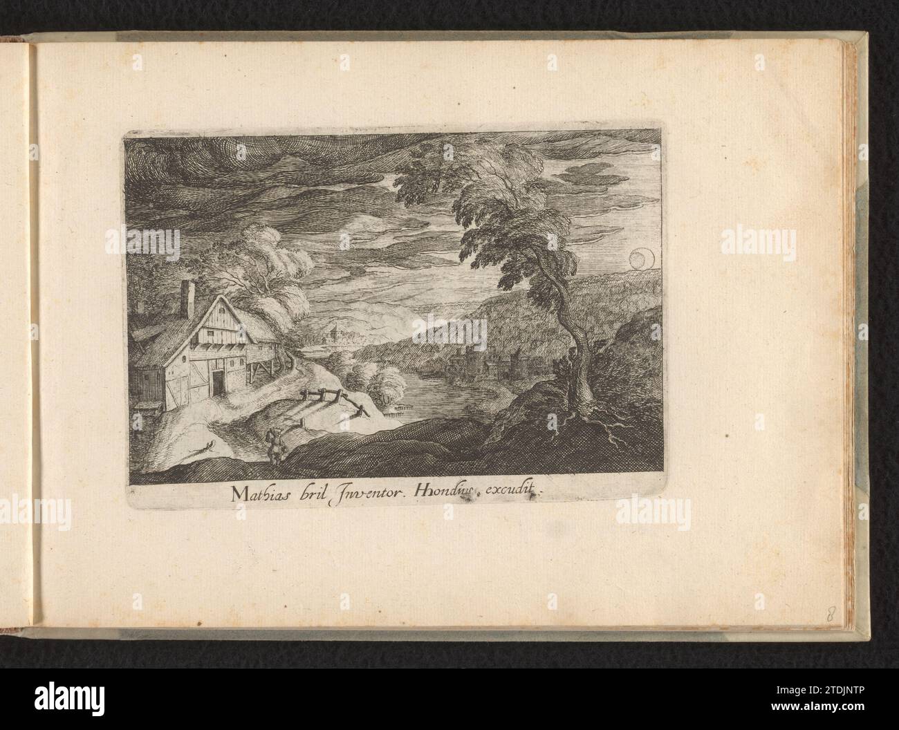 Paysage fluvial dans la nuit orageuse, 1614 Une rivière au milieu. Sur la gauche une ferme sur une route de campagne. Au premier plan un homme qui court. A droite un arbre qui oscille dans le vent. Papier mordant Une rivière au milieu. Sur la gauche une ferme sur une route de campagne. Au premier plan un homme qui court. A droite un arbre qui oscille dans le vent. gravure du papier Banque D'Images