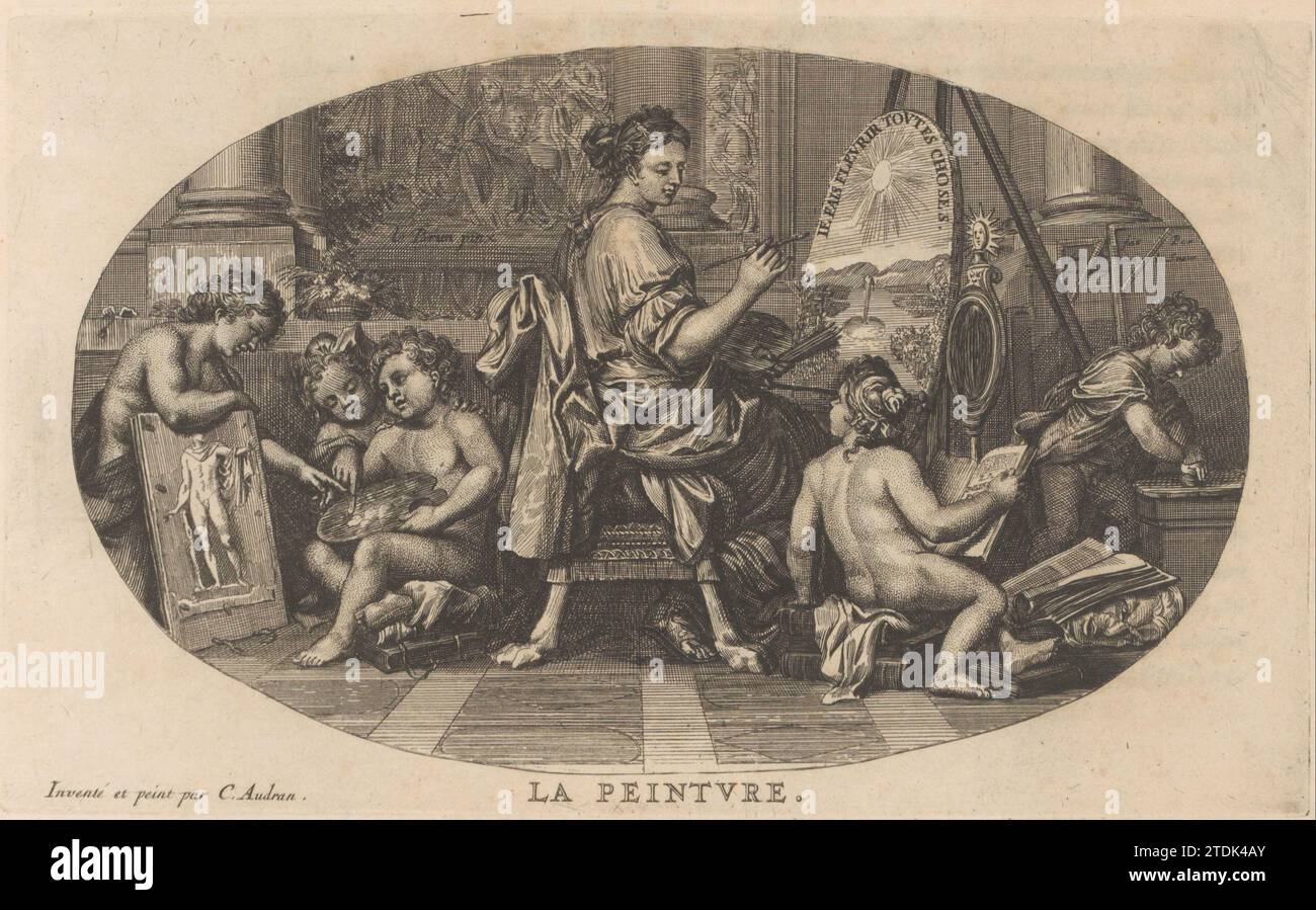 Peinture, 1695 pièce de plafond avec la personnification de la peinture. Elle tient un pinceau et une palette de peinture dans ses mains et travaille sur une peinture. Putti l'aider. À l'extrême droite frotte une peinture putto. L'impression fait partie d'un album. Paris papier gravure / gravure de plafond pièce avec la personnification de la peinture. Elle tient un pinceau et une palette de peinture dans ses mains et travaille sur une peinture. Putti l'aider. À l'extrême droite frotte une peinture putto. L'impression fait partie d'un album. Gravure sur papier Paris Banque D'Images