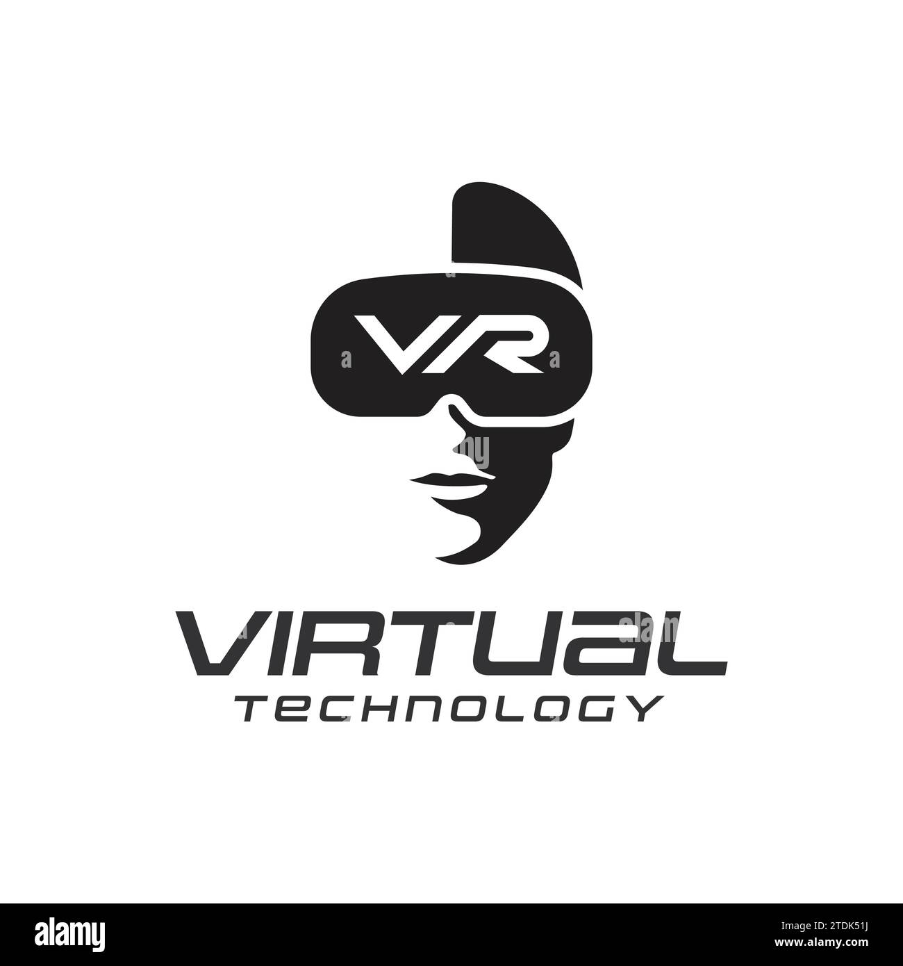 Logo de technologie de réalité virtuelle sur fond blanc, silhouette de tête d'homme avec lettres de casque VR Illustration de Vecteur