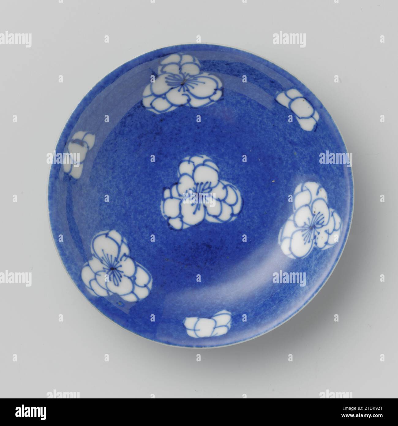 Soucoupe-plat avec bleu poudre et têtes de fleurs en réserve, anonyme, c. 1700 - c. 1724 plat avec un mur rond de porcelaine, peint en bleu sous glaçage. Le plat est recouvert de bleu poudré (bleu poudre) avec une fleur sauvée sept fois. Marqué sur le dessous avec une marque de sceau dans un double cercle. Bleu poudré avec bleu et blanc. Porcelaine de Chine. glaçage. Plat de peinture / vitrification au cobalt (minéral) avec un mur rond de porcelaine, peint en bleu sous glaçage. Le plat est recouvert de bleu poudré (bleu poudre) avec une fleur sauvée sept fois. Marqué sur le dessous avec une marque de phoque dans un dou Banque D'Images