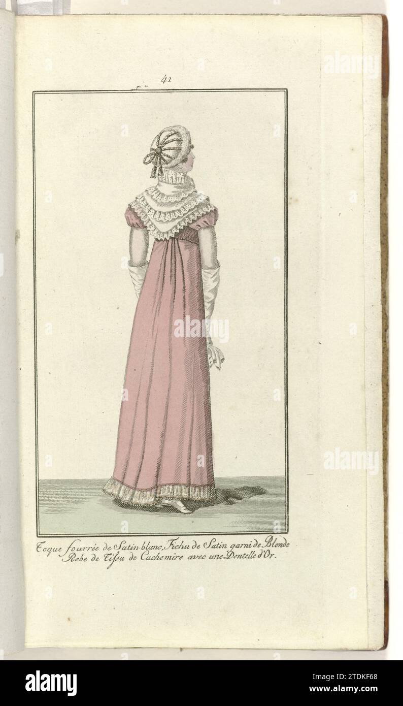 Elegantia, ou magazine de mode, de luxe et de goût pour les femmes, mars 1808, no 41 : toque fourrée de satin blanc ...., Anonyme, 1808 selon le texte d'accompagnement (p. 96) : Robe de tissu de cachemire avec un côté doré en dessous. Fichu de satin garni de blonde (canette). Toque de satin blanc avec un bontrand. Imprimé du magazine de mode Elegantia, ou magazine de mode, luxe et goût pour dames 1807-1814 (interrompu par la période 1811-1813). Gravure sur papier Amsterdam selon le texte d'accompagnement (p. 96) : robe de tissu de cachemire avec un côté doré ci-dessous. Fichu de Banque D'Images