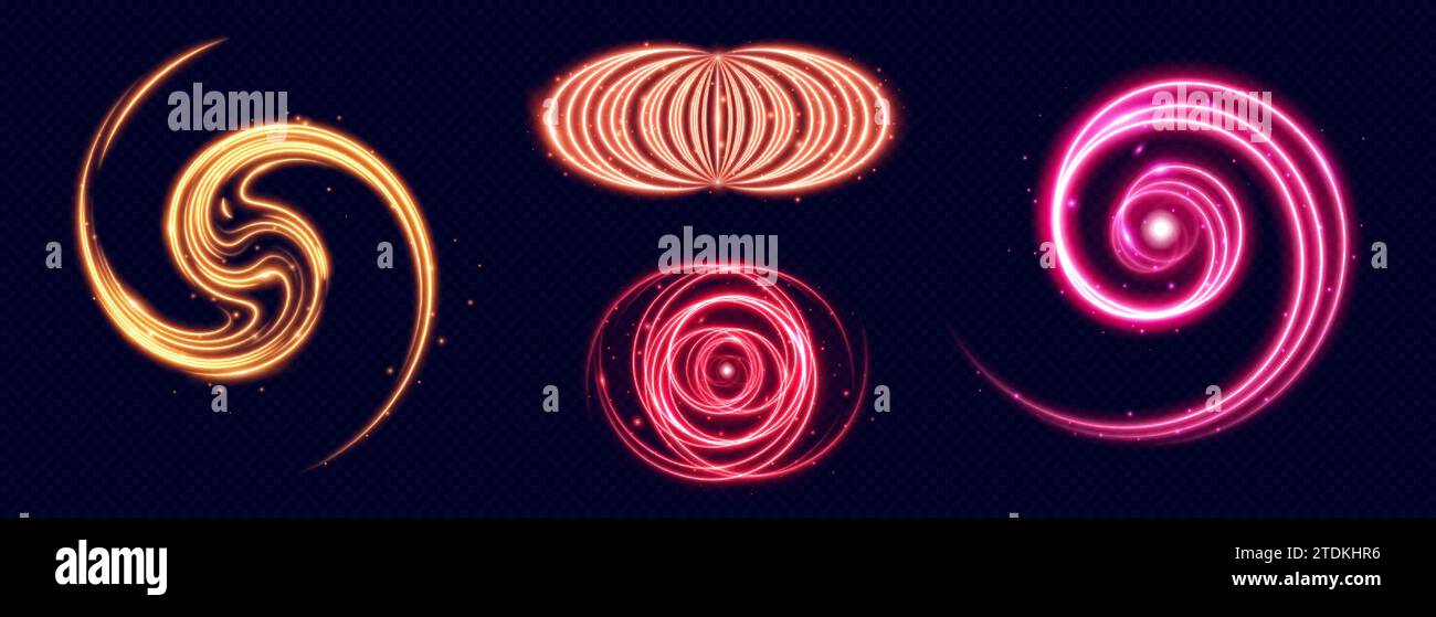 Cercles lumineux magiques et néons spiralés avec effet Swoosh et étincelles brillantes. Ensemble d'illustration vectorielle réaliste de lignes de traînée rondes et tourbillonnantes avec des particules de paillettes lumineuses volantes. Illustration de Vecteur