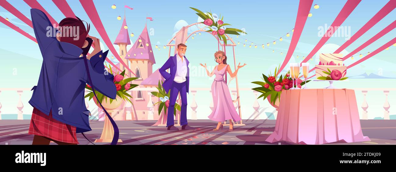 Marié et mariée sous arc de mariage drapé et décoré avec des fleurs et photographe dans une configuration de mariage romantique festive avec bouquet de roses à l'extérieur contre le château de conte de fées. Couple heureux de dessin animé. Illustration de Vecteur