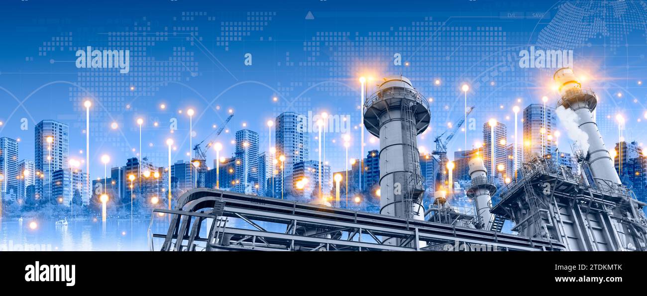 ECO Power Plant avec fond de ville d'affaires de lumière de nuit. Service de l'industrie de l'énergie fournir l'éclairage de puissance aux personnes dans le concept moderne Metro Urban. Banque D'Images