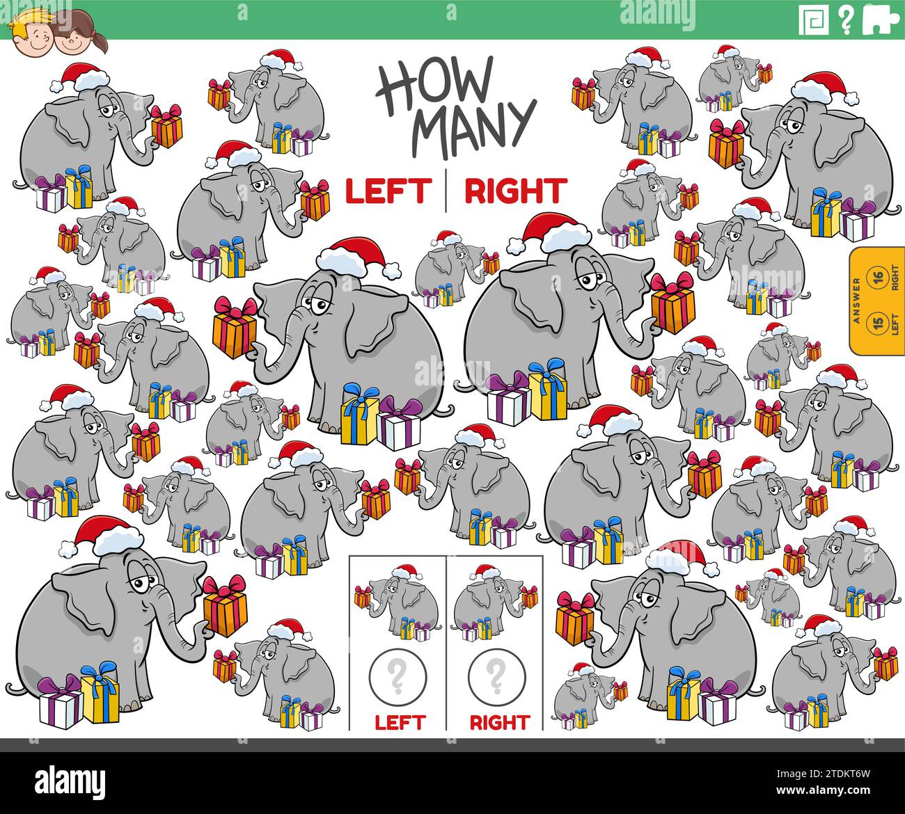Illustration de dessin animé de jeu éducatif de compter à gauche et à droite des images orientées de caractère animal éléphant avec des cadeaux de Noël Illustration de Vecteur