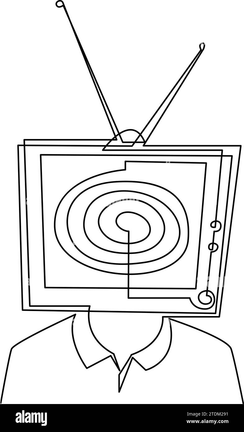 TV au lieu d'un dessin de ligne continue de tête d'homme. Illustration de style minimaliste de personne hypnotisée. Vecteur de concept de propagande Illustration de Vecteur