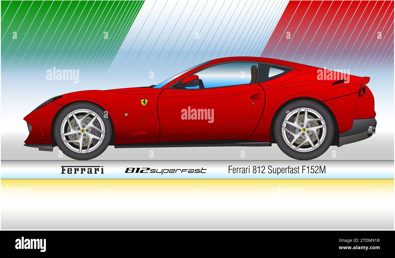 Maranello, Italie, année 2017, Ferrari 812 Superfast modèle de voiture de sport, silhouette colorée, illustration vectorielle sur le drapeau italien Banque D'Images