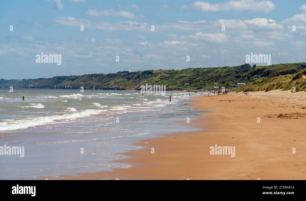 Paysage de la plage d'Omaha qui était l'une des cinq zones de l'invasion alliée de la France occupée par les Allemands lors du débarquement de Normandie le 6 juin 1944. C'est Banque D'Images