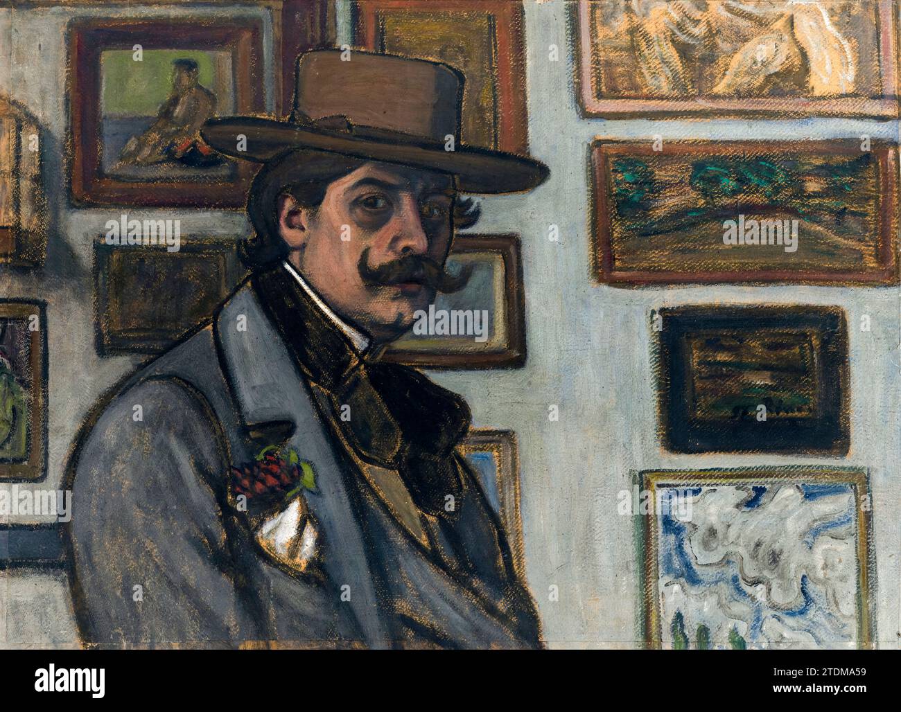 Jozsef Rippl Ronai (1867-1921), Autoportrait dans un chapeau brun du peintre hongrois, peinture à l'huile sur panneau, 1897 Banque D'Images
