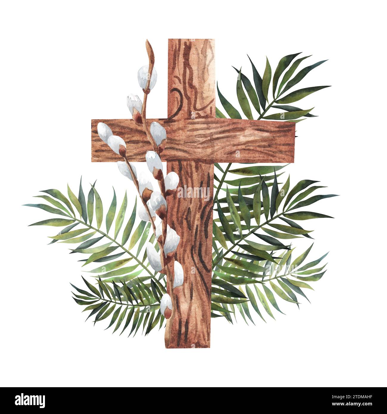 Croix de Pâques avec des catkins sur fond en bois, résumé du concept religieux du dimanche des palmiers. Composition de brindilles de saule et de feuilles de palmier. Pour la conception. religiou Banque D'Images