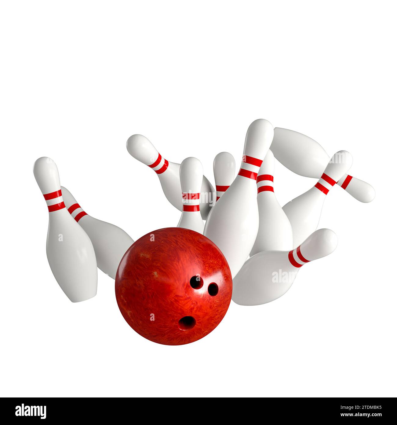 boule de bowling frappe des quilles isolées sur blanc. rendu 3d. Banque D'Images