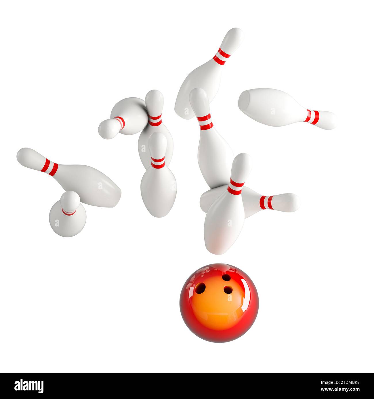concept de bowling, boule et quilles isolées sur blanc. rendu 3d. Banque D'Images