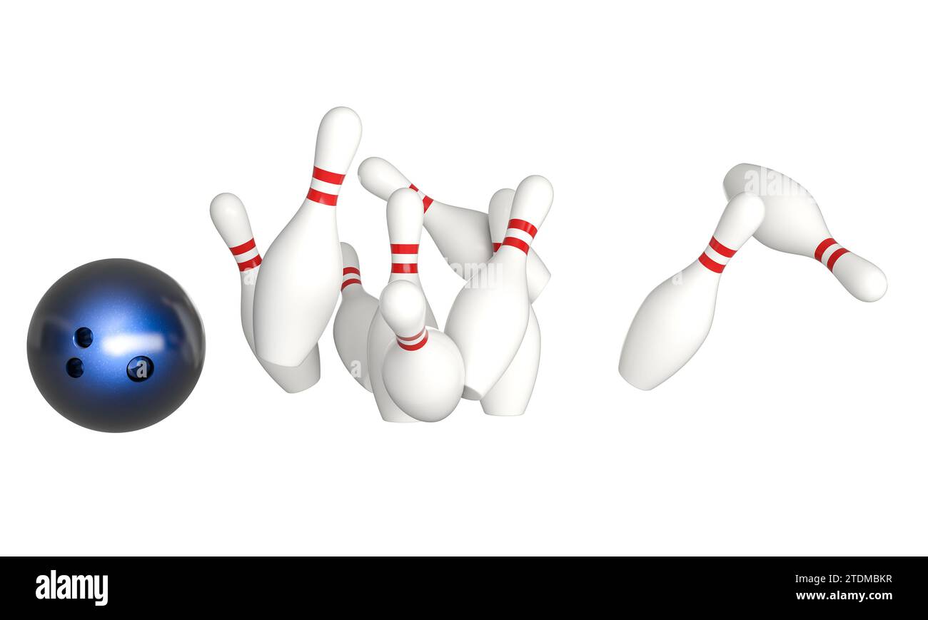 Boule de bowling bleue frappe des quilles isolées sur blanc. rendu 3d. Banque D'Images