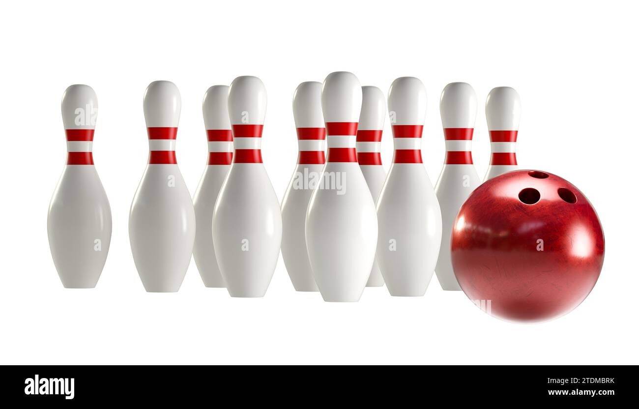 boule de bowling et quilles sur blanc. rendu 3d. Banque D'Images
