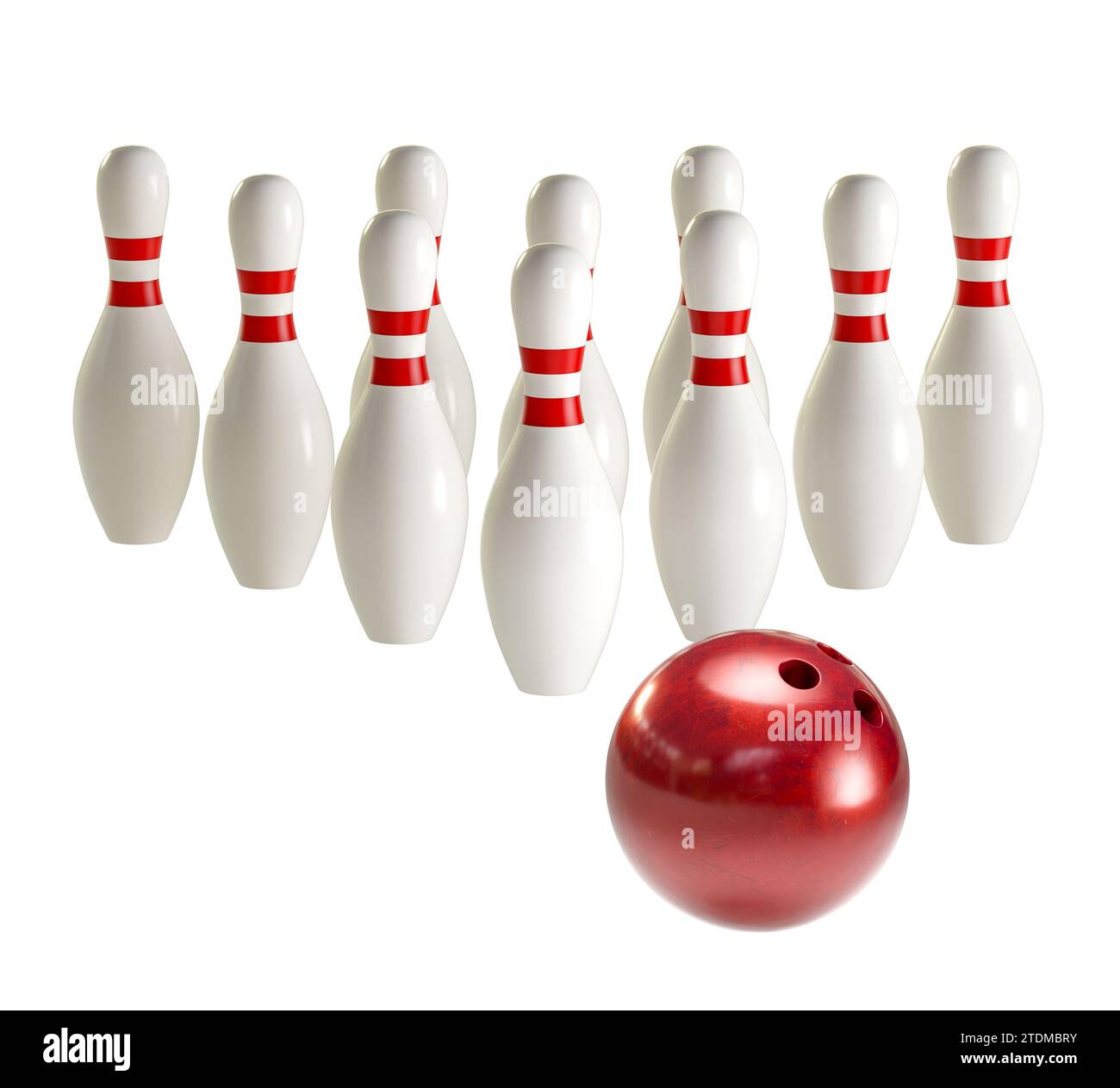 concept de bowling, boule et quilles sur blanc. rendu 3d. Banque D'Images