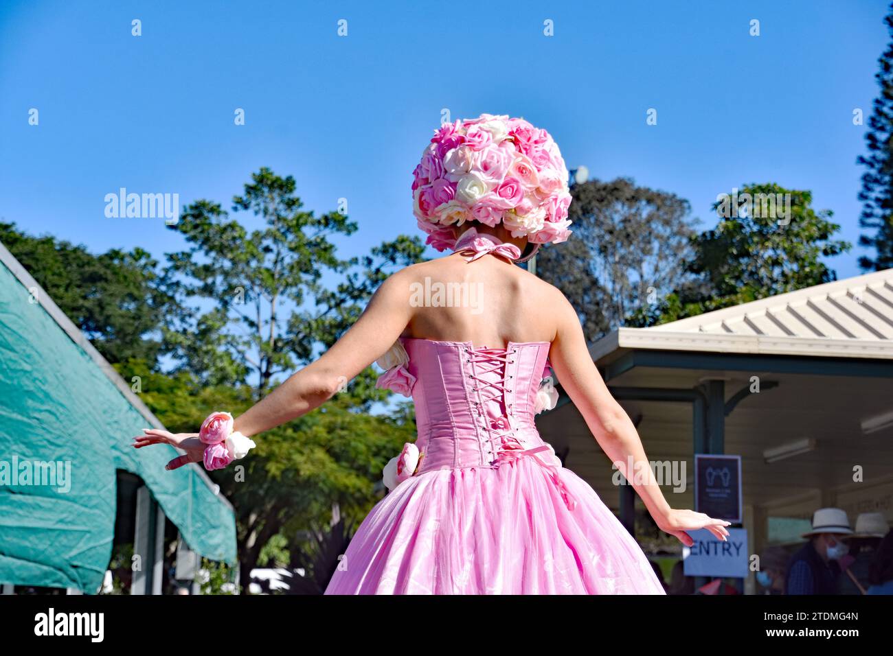 DAMES ROSES SUR PILOTIS, ARTISTES DE RUE Banque D'Images