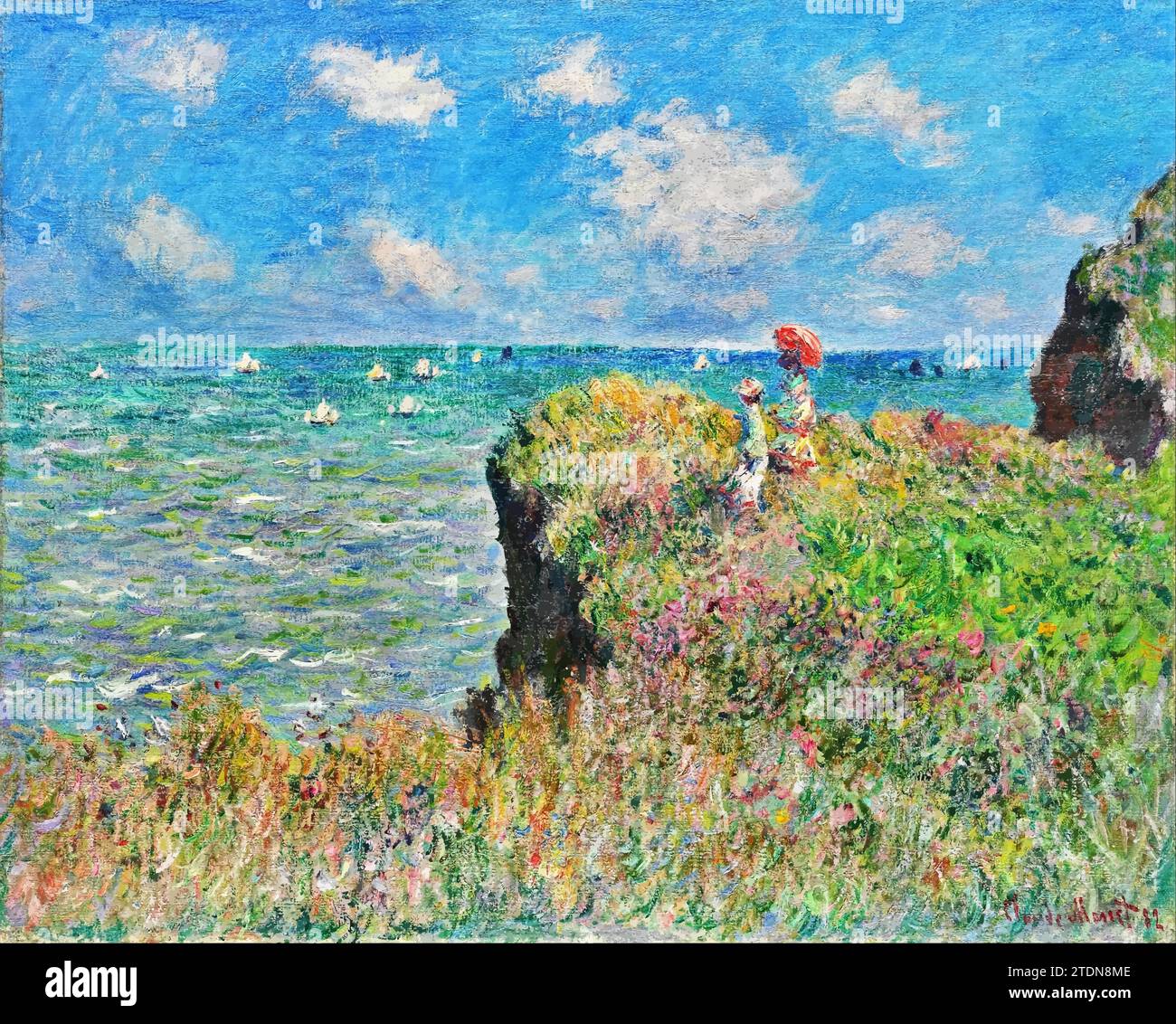 Promenade sur la falaise à Pourville 1882 (peinture) de l'artiste Monet, Claude (1840-1926) / Français. Illustration de Vecteur