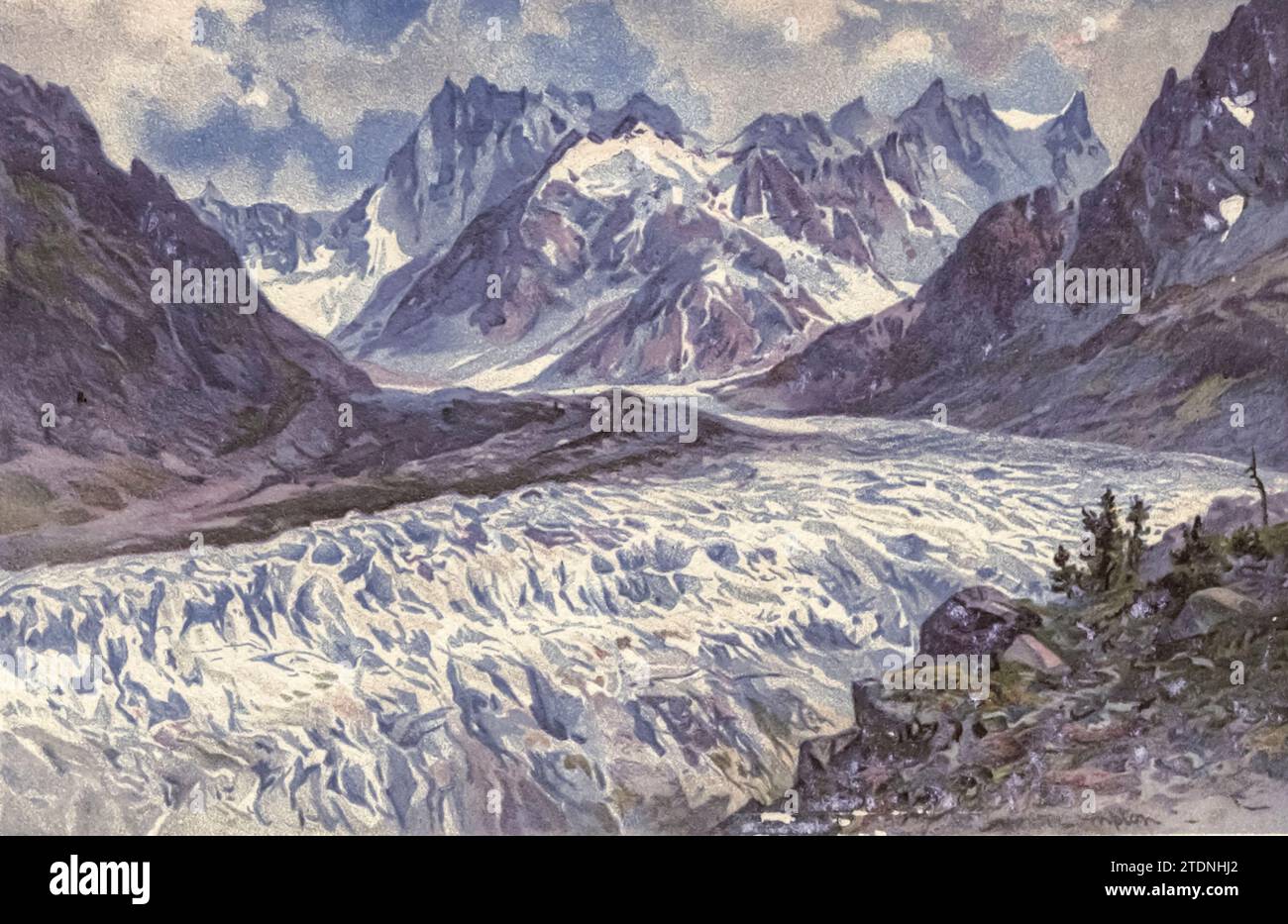Tiré du livre ' l'histoire de notre planète ' de Thomas George Bonney, 1833-1923 publié en 1902 par Cassell et Compagnie la Mer de glace est un glacier de vallée situé sur le versant nord du massif du Mont blanc, dans les Alpes françaises. Il mesure 7,5 km de long et 200 mètres de profondeur Banque D'Images