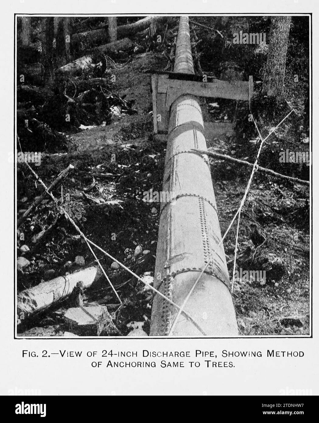 Vue d'un tuyau de décharge de 24 pieds, montrant la méthode d'ancrage de celui-ci aux arbres tirée du livre ' The Storage of water for irrigation purposes ' par Fortier, Samuel ; Bixby, F. L ; États-Unis. Office of Experiment stations ; États-Unis. Ministère de l'Agriculture Banque D'Images Vue d'un tuyau de décharge de 24 pieds, montrant la méthode d'ancrage de celui-ci aux arbres tirée du livre ' The Storage of water for irrigation purposes ' par Fortier, Samuel ; Bixby, F. L ; États-Unis. Office of Experiment stations ; États-Unis. Ministère de l'Agriculture Banque D'Images