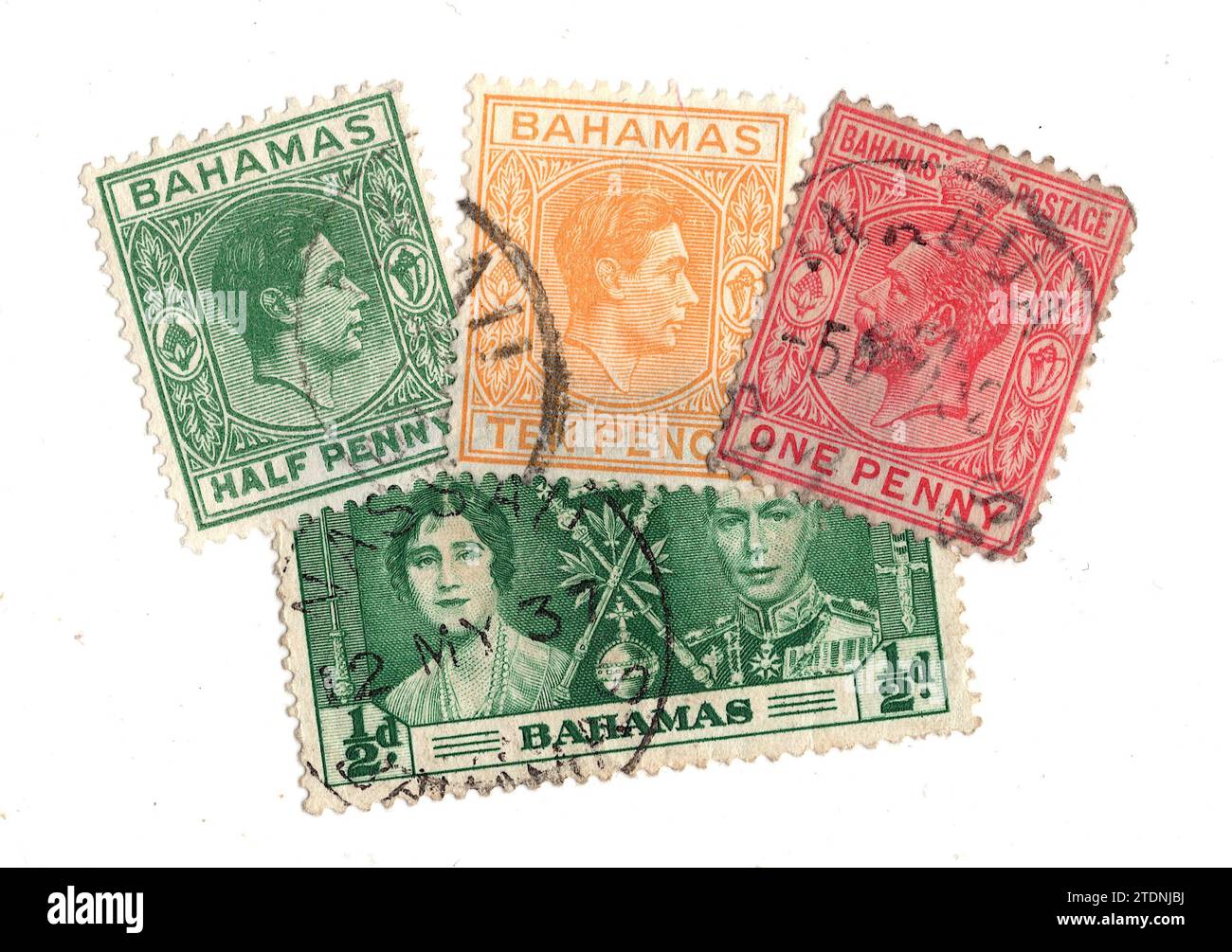 Montage de timbres-poste vintage des Bahamas sur fond blanc. Banque D'Images