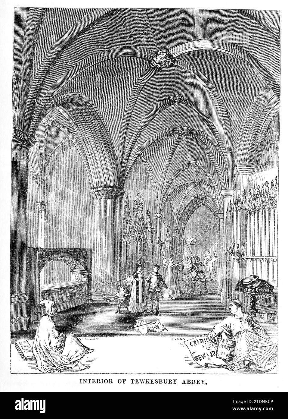 Intérieur l'église abbatiale de Sainte-Marie-la-Vierge de Tewkesbury, communément connue sous le nom d'abbaye de Tewkesbury, est située dans le comté anglais de Gloucestershire. Ancien monastère bénédictin, c'est aujourd'hui une église paroissiale. Considéré comme l'un des plus beaux exemples de l'architecture normande en Grande-Bretagne, il possède la plus grande tour romane d'Europe. Extrait du livre la vallée de la Severn : une série de croquis, descriptifs et picturaux, du cours de la Severn : contenant des notices de ses caractéristiques topographiques, industrielles et géologiques ; avec un regard sur ses associations historiques et légendaires par Randall, Joh Banque D'Images