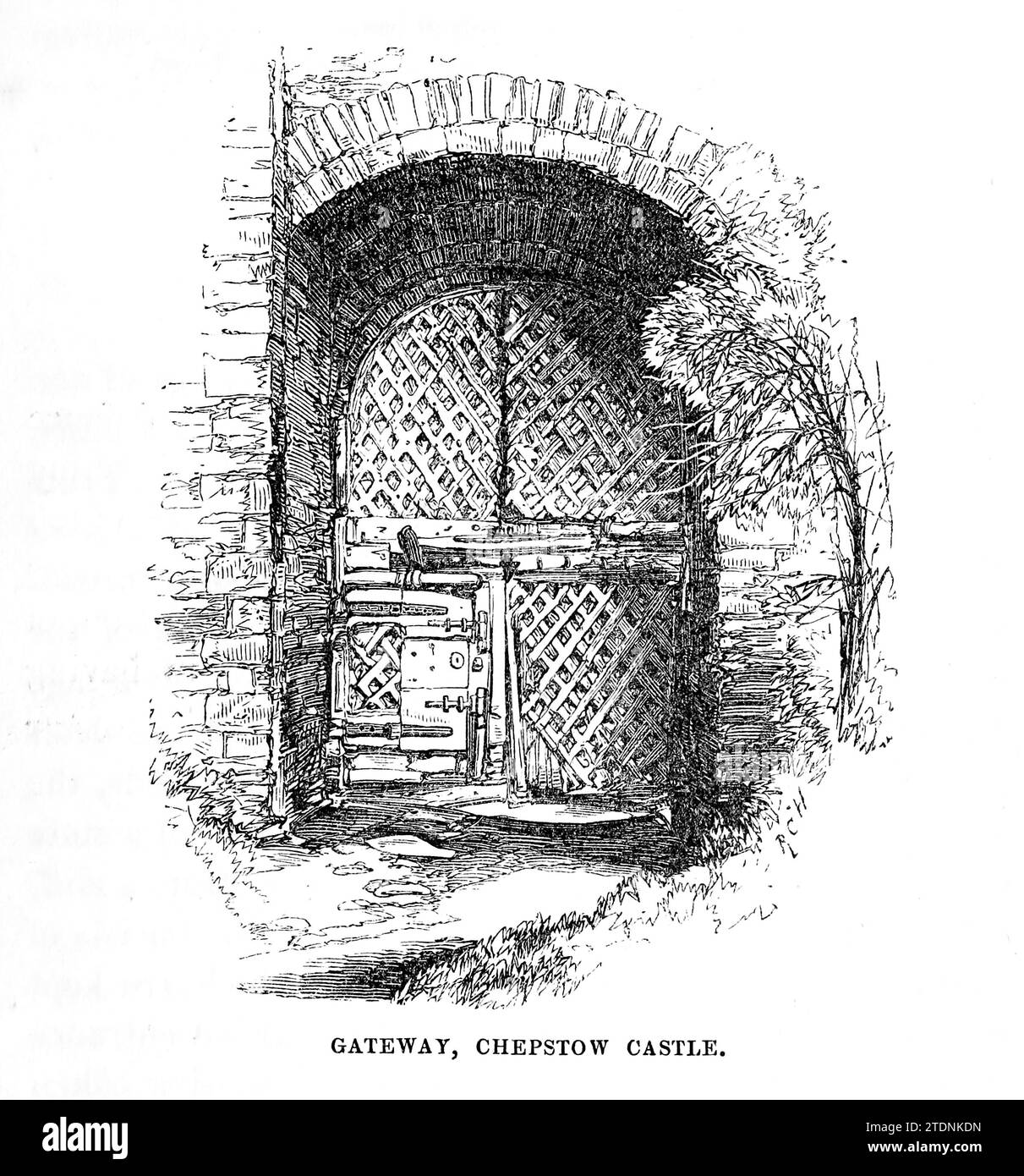 Le château de Chepstow (gallois : Castell cas-gwent) à Chepstow, Monmouthshire, pays de Galles est la plus ancienne fortification en pierre post-romaine en Grande-Bretagne. Situé au-dessus des falaises sur la rivière Wye, tiré du livre la vallée de la Severn : une série de croquis, descriptifs et picturaux, du cours de la Severn : contenant des notices de ses caractéristiques topographiques, industrielles et géologiques; avec un regard sur ses associations historiques et légendaires par Randall, John, 1810-1910 Date de publication 1862 Éditeur J. S. Virtue Banque D'Images