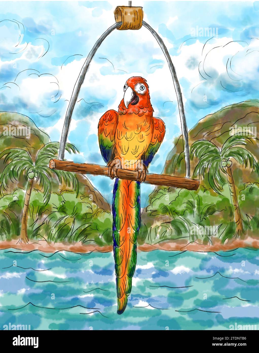 Le perroquet macaré écarlate sur une balançoire d'oiseau à l'arrière du voilier avec fond tropical d'île de plage. Illustration de peinture à l'aquarelle. Oiseaux animaux de compagnie an Banque D'Images