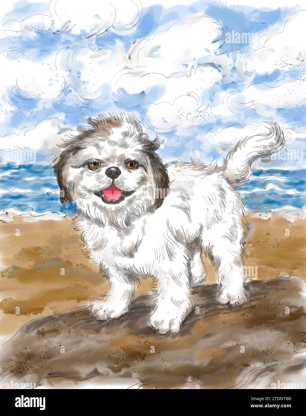 Portrait de chien d'un jeune Shih Tzu avec plage à l'extérieur en saison estivale. Peinture à l'aquarelle. Concept d'animal de compagnie. Banque D'Images