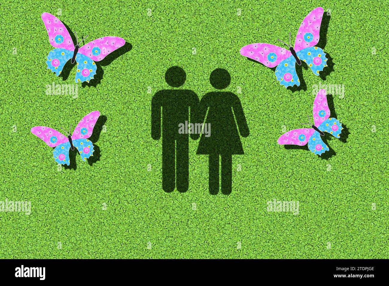 Pictogramme d'un couple avec des papillons dans le ventre, graphique avec des fleurs roses et bleu clair sur fond vert Banque D'Images