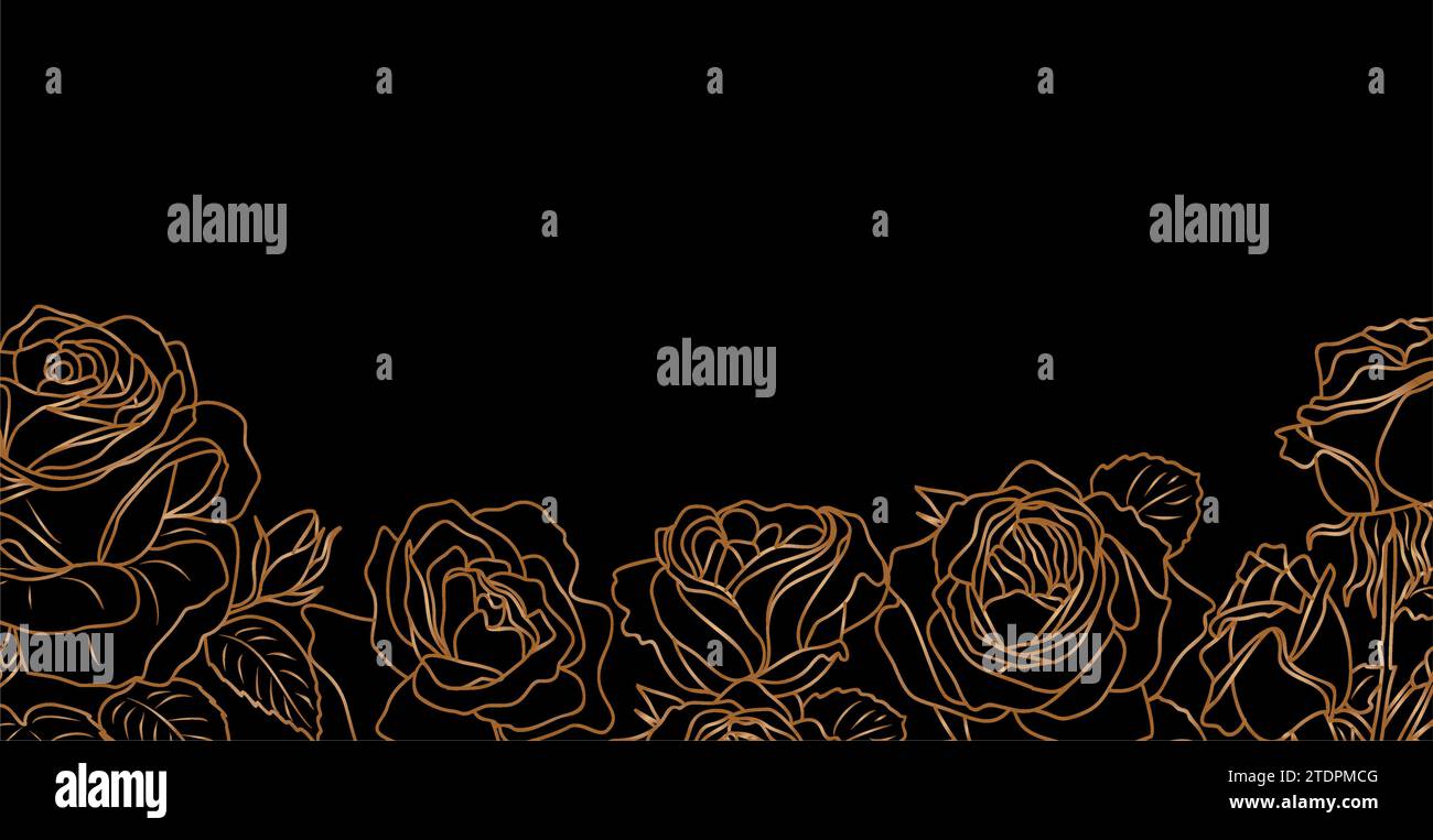 Magnifique bordure de vecteur de fleurs de rose d'or sur le noir. Illustration de Vecteur