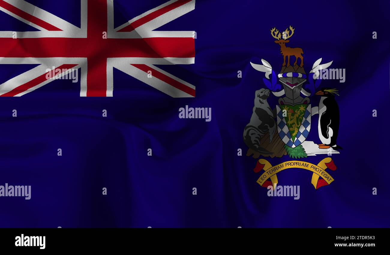 Drapeau détaillé élevé de Géorgie du Sud et des îles Sandwich du Sud. Drapeau national de Géorgie du Sud et des îles Sandwich du Sud. Illustration 3D. Banque D'Images