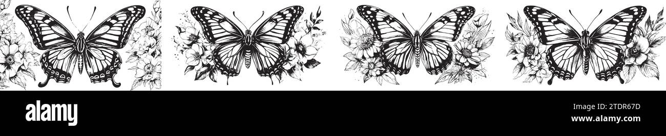 Papillon monarque avec silhouettes de fleurs illustration vectorielle de collection isolé sur fond blanc. Illustration de Vecteur