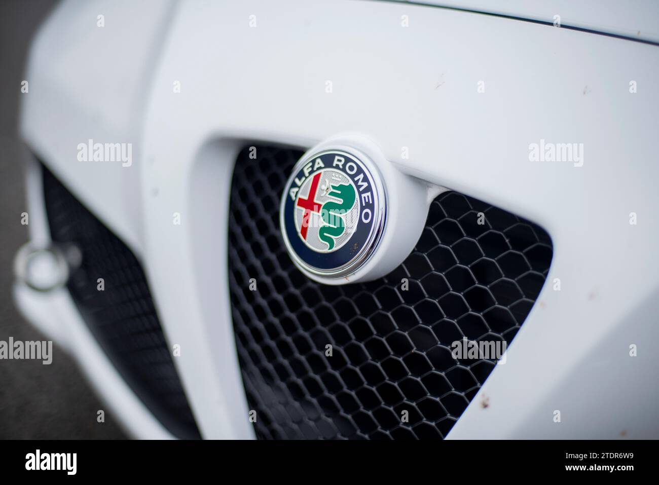 Badges Alfa Romeo à l'avant de 2018 voitures, sur le grill ou sur le Coure Sportivo Banque D'Images