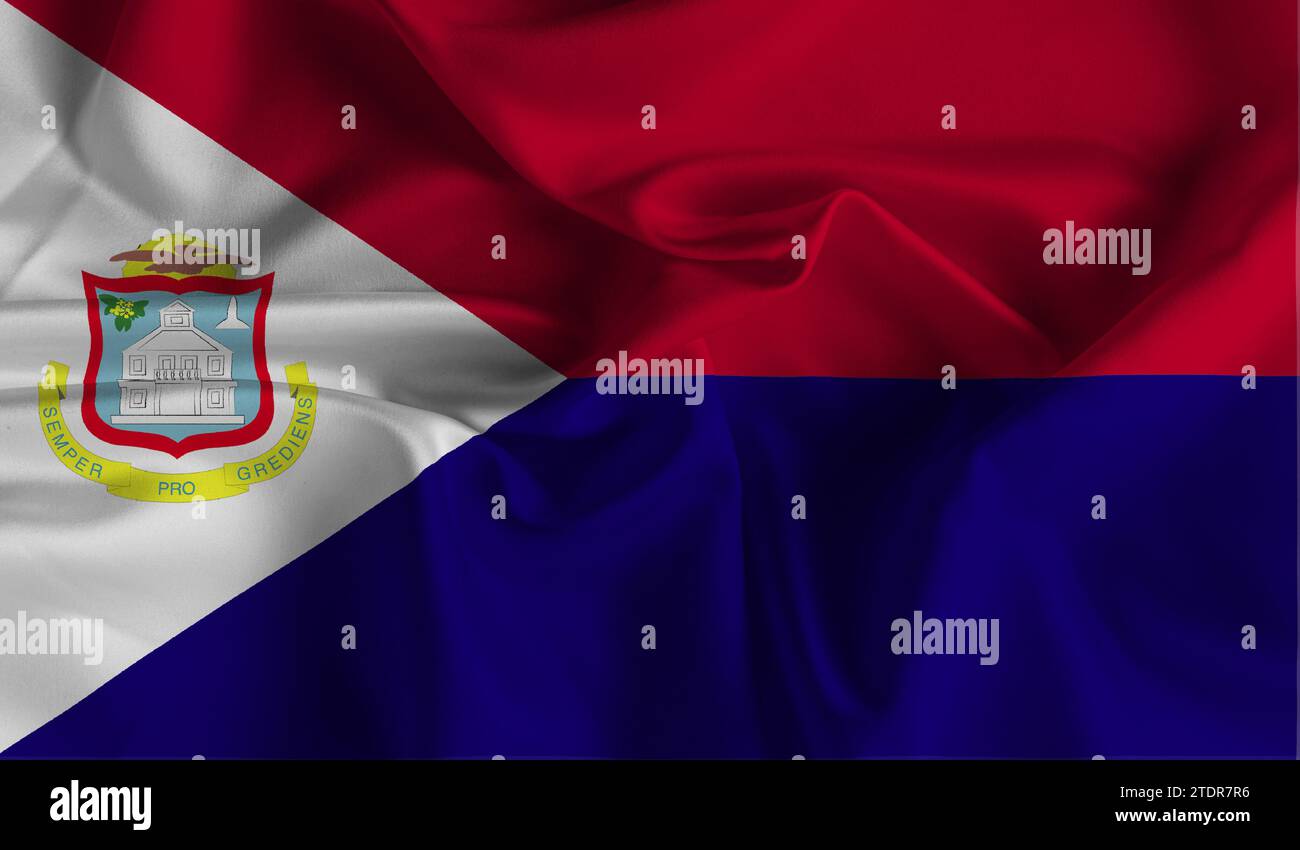Drapeau haut détaillé de Saint Martin. Drapeau national de Saint Martin. Illustration 3D. Banque D'Images