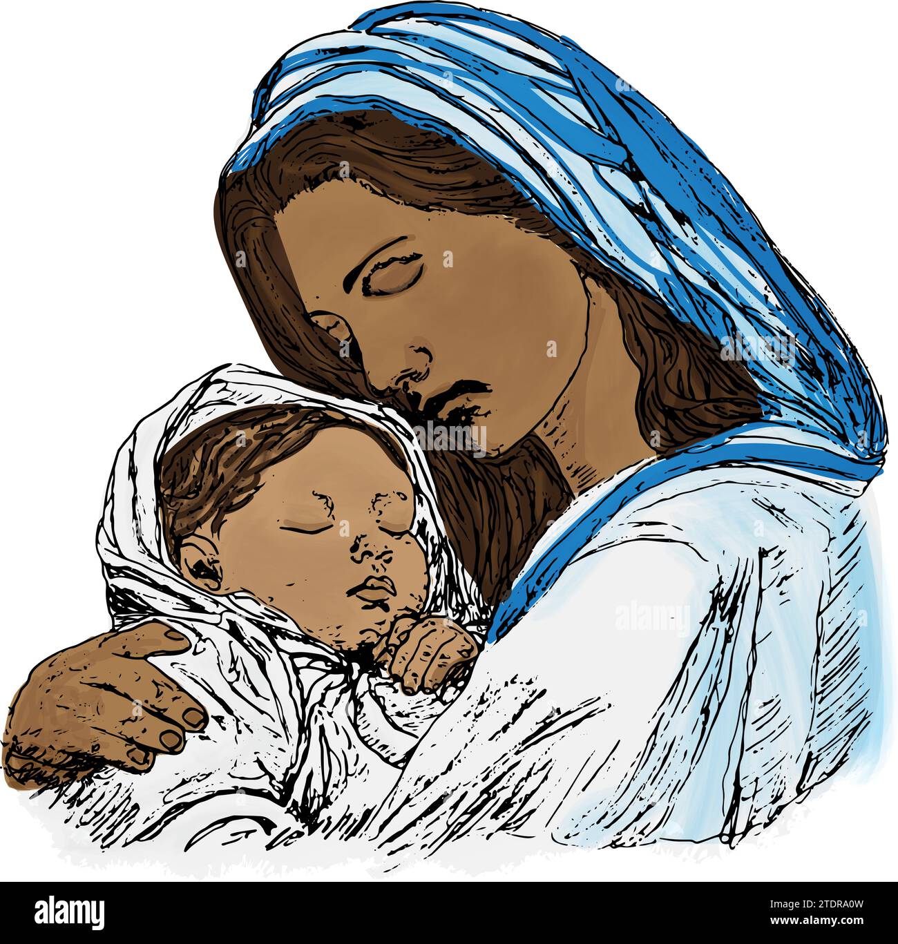 Illustration d'une Marie africaine et bébé Jésus, scène de nativité Illustration de Vecteur