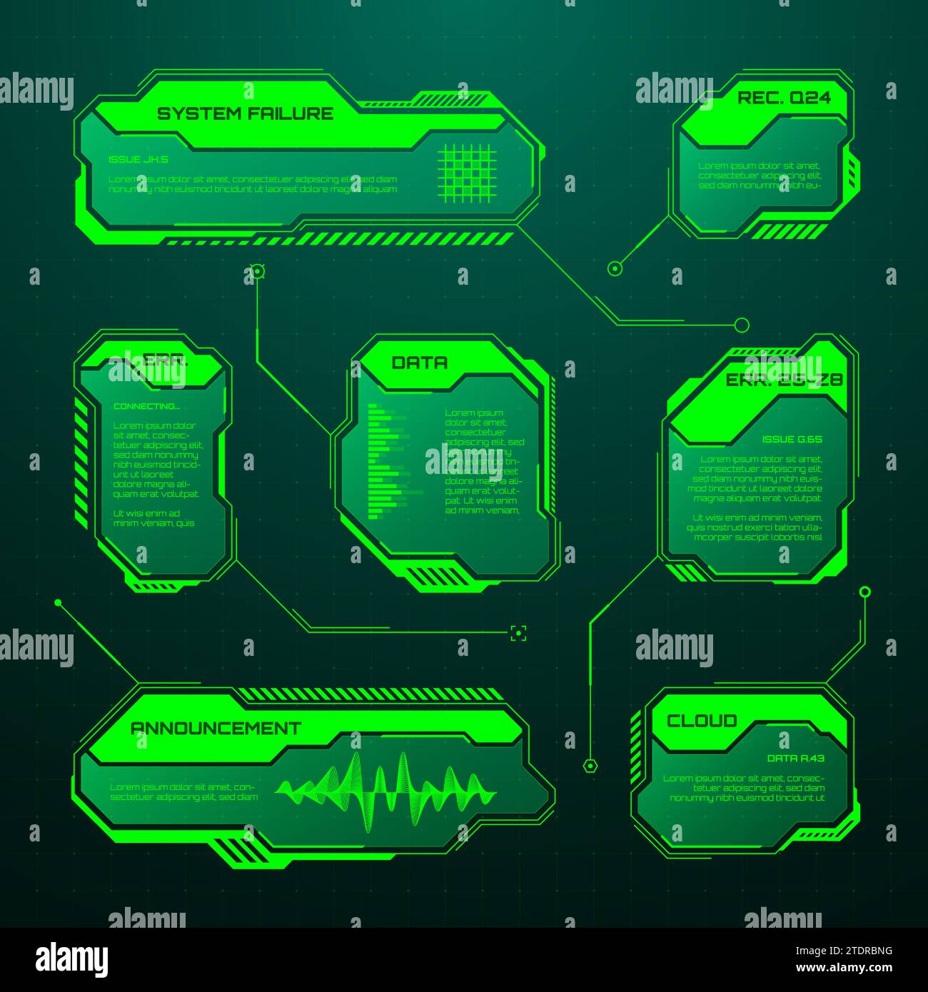 Affichage tête haute futuriste vert, éléments d'interface utilisateur. Zones de texte et légendes de l'interface utilisateur SCI-fi. Cadres de message d'avertissement, modèle de zones d'information. Jeu moderne Illustration de Vecteur