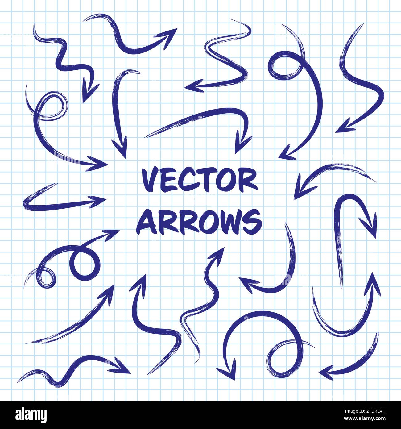 Meuler les flèches tracées à la main sur la feuille de papier à carreaux. Carnet scolaire pour le dessin. Icône de flèche Doodle, silhouettes de pointeur monochrome simples. Contour Illustration de Vecteur