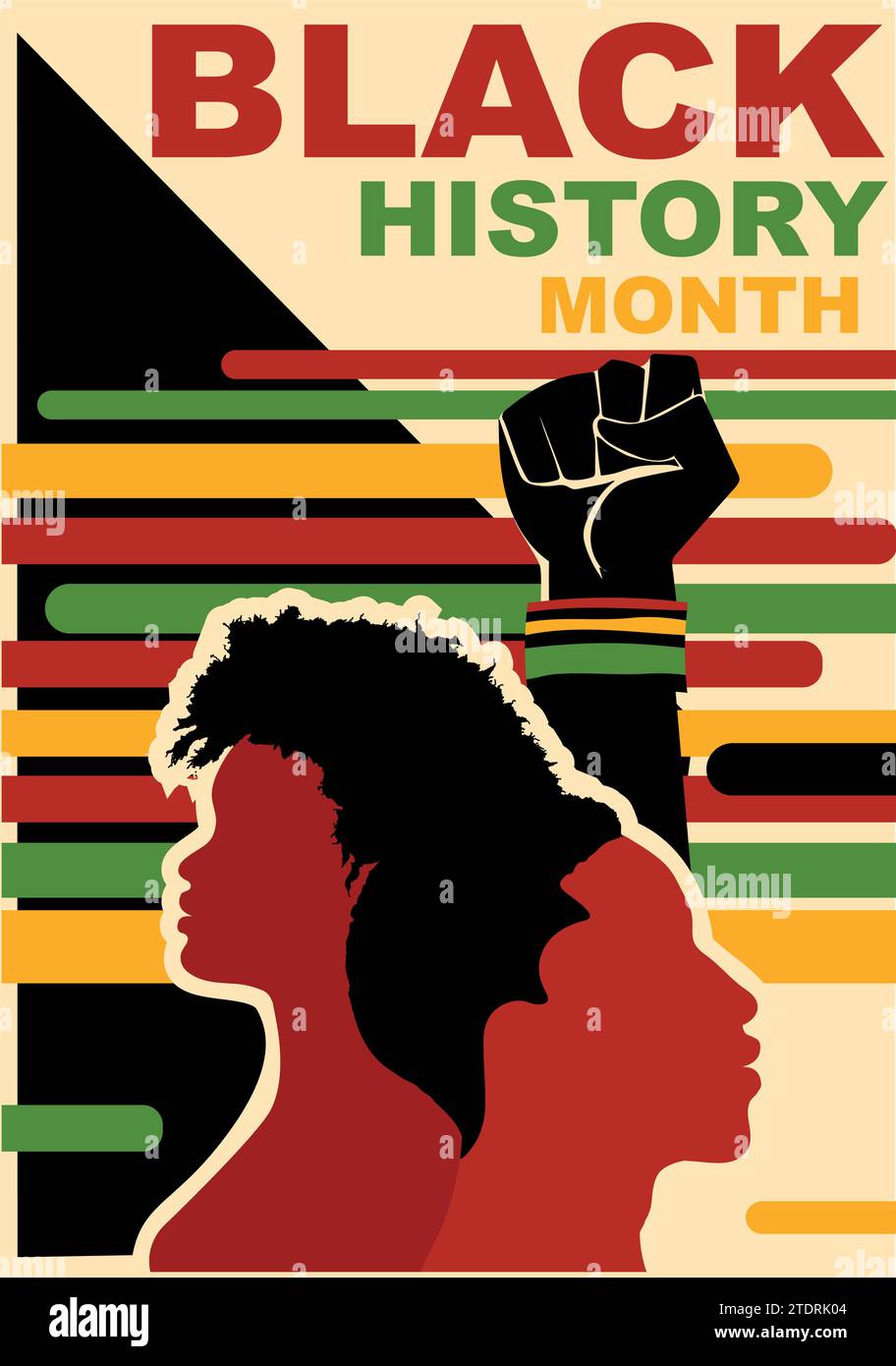Événement du mois de l'histoire des Noirs. Profil silhouettes personnes africaines et afro-américaines. Groupe ethnique homme et femme noirs. Poing élevé. Égalité raciale Illustration de Vecteur
